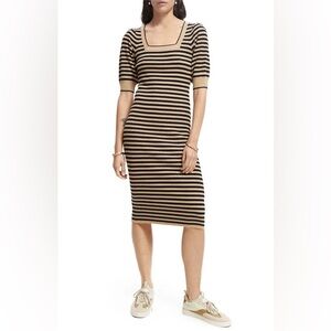 SCOTCH & SODA / Size S / Stripe Square Neck Rib Midi Dress / Navy and Tan Cream